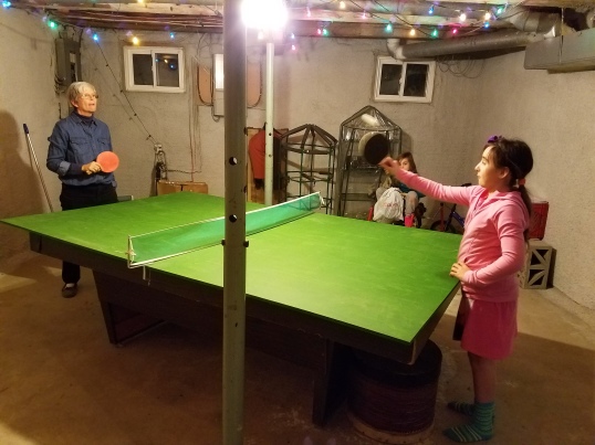 Taking on Gramma Ede in ping pong